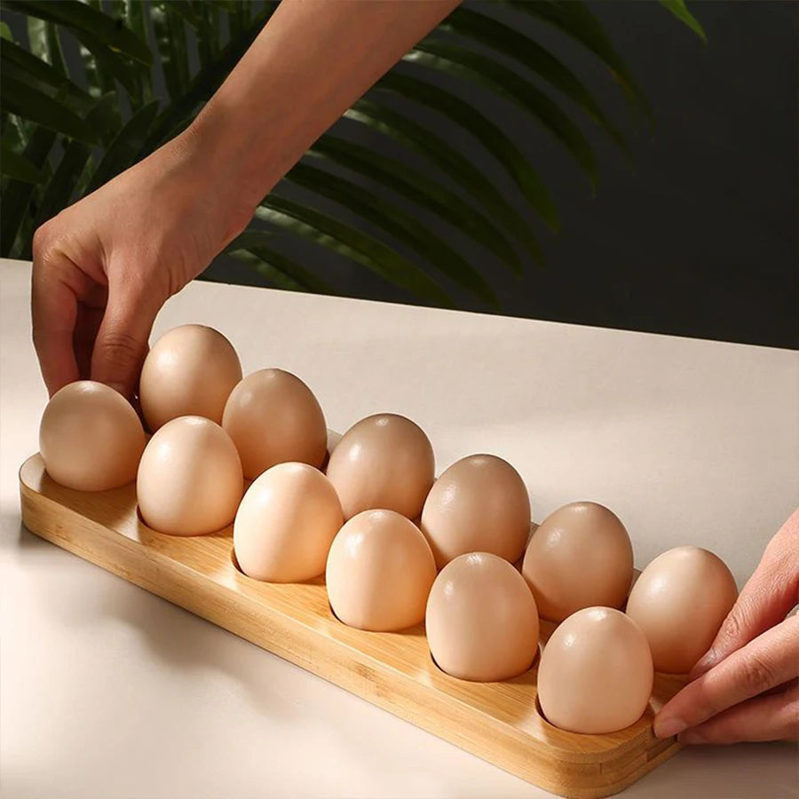 1 caja de almacenamiento de huevos creativa, bandeja de madera de bambú, caja de almacenamiento de huevos, soporte para huevos de desayuno para almacenamiento de cocina para refrigerador