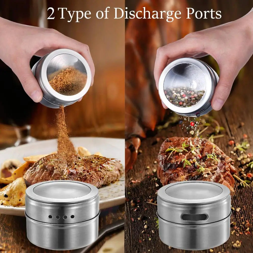 Juego de tarros magnéticos para especias LMETJMA con pegatinas. Latas de acero inoxidable para especias. Recipiente para almacenar especias. Esprays de condimentos de pimienta. Herramientas.
