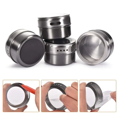 Juego de tarros magnéticos para especias LMETJMA con pegatinas. Latas de acero inoxidable para especias. Recipiente para almacenar especias. Esprays de condimentos de pimienta. Herramientas.