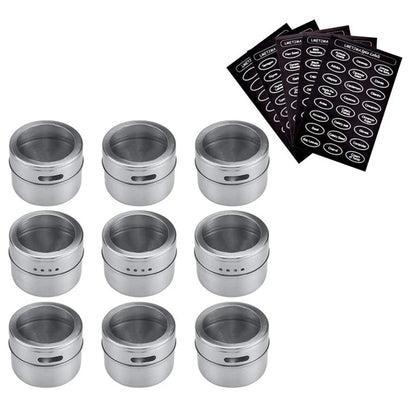 Juego de tarros magnéticos para especias LMETJMA con pegatinas. Latas de acero inoxidable para especias. Recipiente para almacenar especias. Esprays de condimentos de pimienta. Herramientas.
