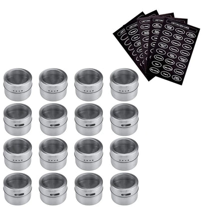 Juego de tarros magnéticos para especias LMETJMA con pegatinas. Latas de acero inoxidable para especias. Recipiente para almacenar especias. Esprays de condimentos de pimienta. Herramientas.