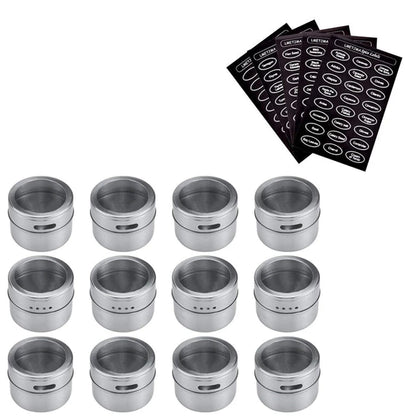 Juego de tarros magnéticos para especias LMETJMA con pegatinas. Latas de acero inoxidable para especias. Recipiente para almacenar especias. Esprays de condimentos de pimienta. Herramientas.