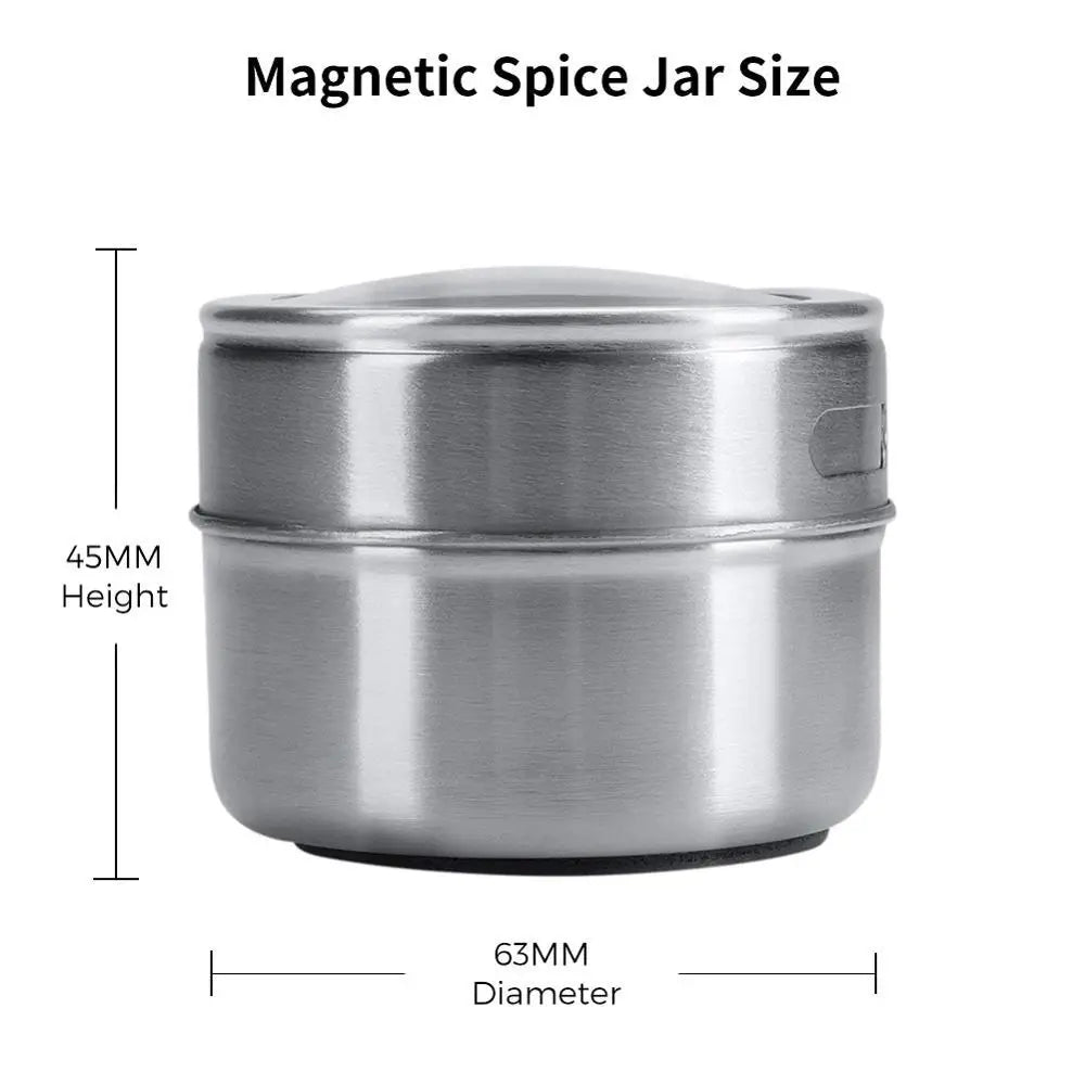 Juego de tarros magnéticos para especias LMETJMA con pegatinas. Latas de acero inoxidable para especias. Recipiente para almacenar especias. Esprays de condimentos de pimienta. Herramientas.