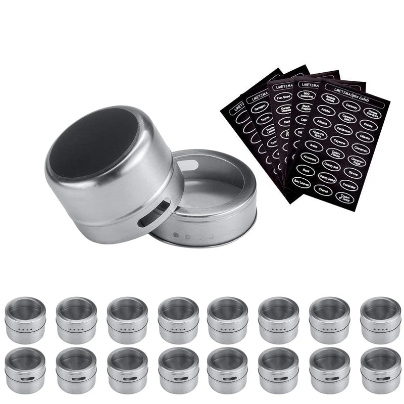 Juego de tarros magnéticos para especias LMETJMA con pegatinas. Latas de acero inoxidable para especias. Recipiente para almacenar especias. Esprays de condimentos de pimienta. Herramientas.