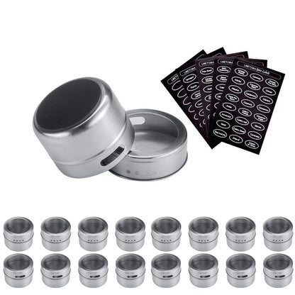 Juego de tarros magnéticos para especias LMETJMA con pegatinas. Latas de acero inoxidable para especias. Recipiente para almacenar especias. Esprays de condimentos de pimienta. Herramientas.