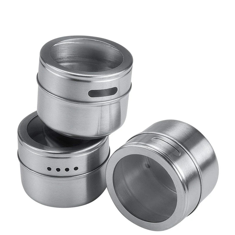 Juego de tarros magnéticos para especias LMETJMA con pegatinas. Latas de acero inoxidable para especias. Recipiente para almacenar especias. Esprays de condimentos de pimienta. Herramientas.