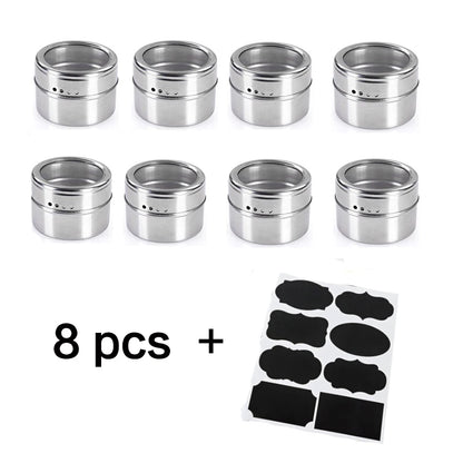 Tarros magnéticos para especias con soporte de pared, latas de acero inoxidable para especias, recipientes para condimentos con etiqueta para especias y base para almacenamiento de alimentos.
