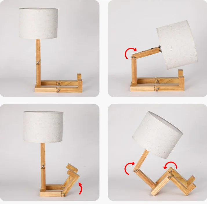 Lámpara de mesa creativa con forma de robot de madera para interiores, lámpara de escritorio de lectura de moda, luz de noche decorativa de escritorio moderna nórdica