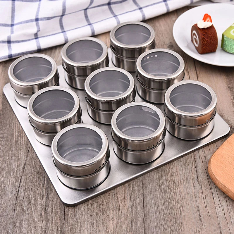 Tarros magnéticos para especias con soporte de pared, latas de acero inoxidable para especias, recipientes para condimentos con etiqueta para especias y base para almacenamiento de alimentos.
