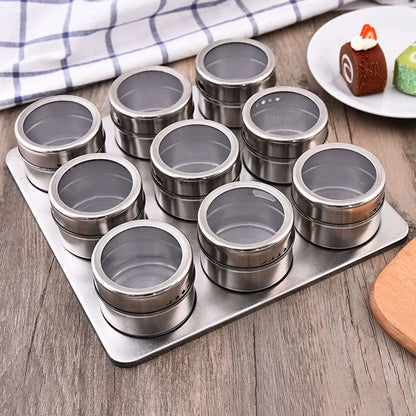 Tarros magnéticos para especias con soporte de pared, latas de acero inoxidable para especias, recipientes para condimentos con etiqueta para especias y base para almacenamiento de alimentos.
