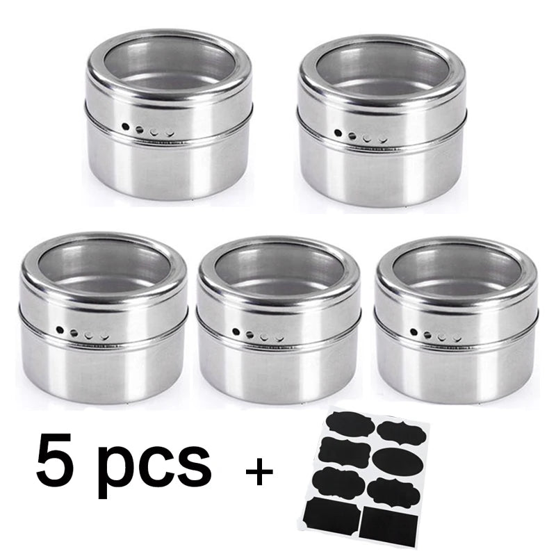 Tarros magnéticos para especias con soporte de pared, latas de acero inoxidable para especias, recipientes para condimentos con etiqueta para especias y base para almacenamiento de alimentos.