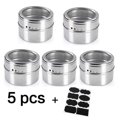 Tarros magnéticos para especias con soporte de pared, latas de acero inoxidable para especias, recipientes para condimentos con etiqueta para especias y base para almacenamiento de alimentos.