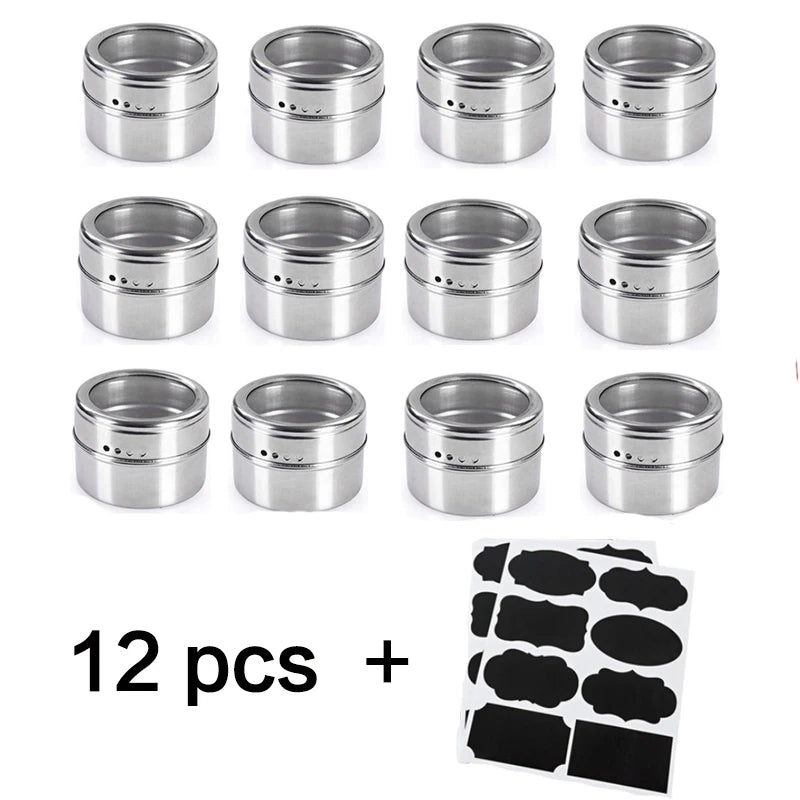 Tarros magnéticos para especias con soporte de pared, latas de acero inoxidable para especias, recipientes para condimentos con etiqueta para especias y base para almacenamiento de alimentos.