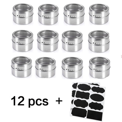 Tarros magnéticos para especias con soporte de pared, latas de acero inoxidable para especias, recipientes para condimentos con etiqueta para especias y base para almacenamiento de alimentos.