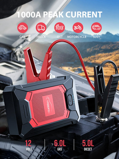 YABER Arrancador de Coches 12000mAh, 1000A Arrancador de Baterias de Coche (para 5.0L de Gasolina o 4.0L de Diesel) de IP68 Impermeable Emergencias