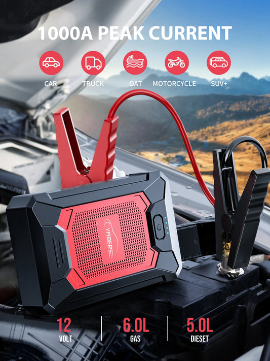 YABER Arrancador de Coches 12000mAh, 1000A Arrancador de Baterias de Coche (para 5.0L de Gasolina o 4.0L de Diesel) de IP68 Impermeable Emergencias