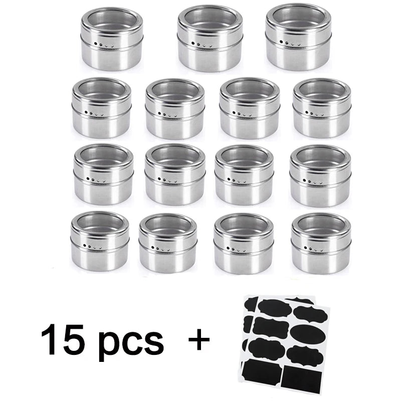 Tarros magnéticos para especias con soporte de pared, latas de acero inoxidable para especias, recipientes para condimentos con etiqueta para especias y base para almacenamiento de alimentos.