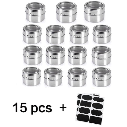 Tarros magnéticos para especias con soporte de pared, latas de acero inoxidable para especias, recipientes para condimentos con etiqueta para especias y base para almacenamiento de alimentos.