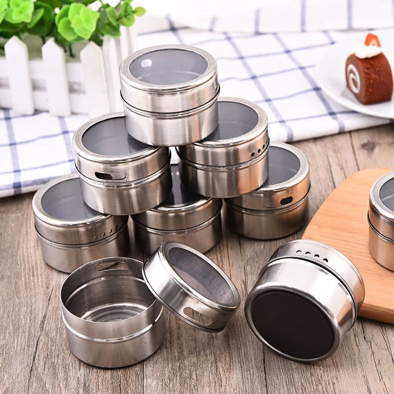 Tarros magnéticos para especias con soporte de pared, latas de acero inoxidable para especias, recipientes para condimentos con etiqueta para especias y base para almacenamiento de alimentos.