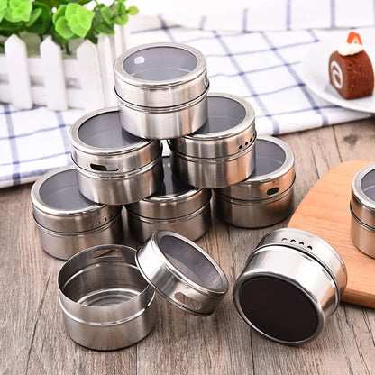 Tarros magnéticos para especias con soporte de pared, latas de acero inoxidable para especias, recipientes para condimentos con etiqueta para especias y base para almacenamiento de alimentos.