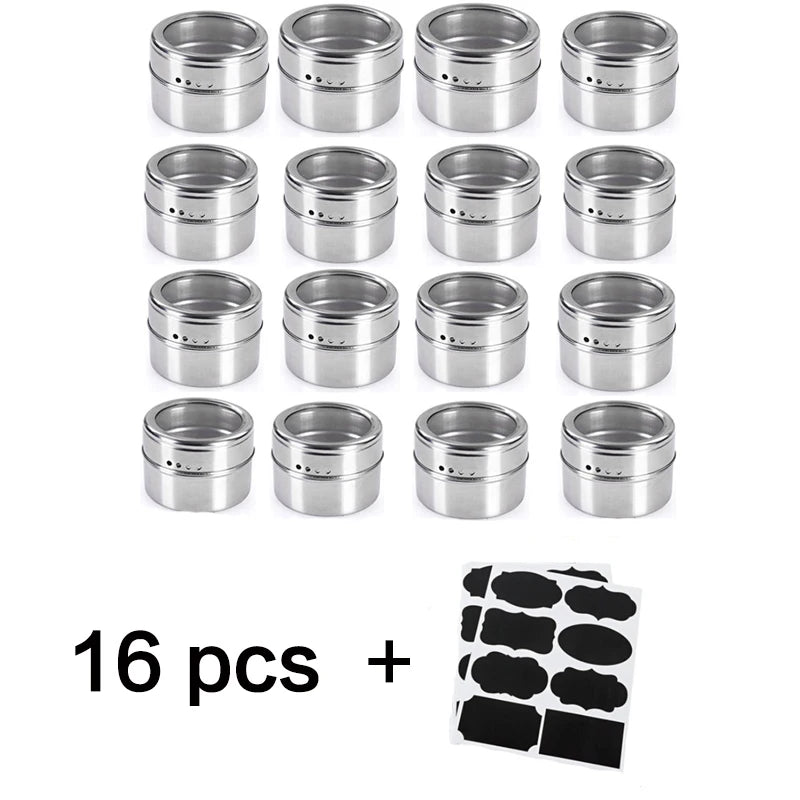 Tarros magnéticos para especias con soporte de pared, latas de acero inoxidable para especias, recipientes para condimentos con etiqueta para especias y base para almacenamiento de alimentos.