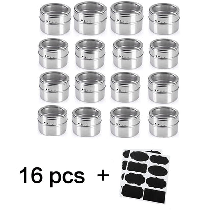 Tarros magnéticos para especias con soporte de pared, latas de acero inoxidable para especias, recipientes para condimentos con etiqueta para especias y base para almacenamiento de alimentos.