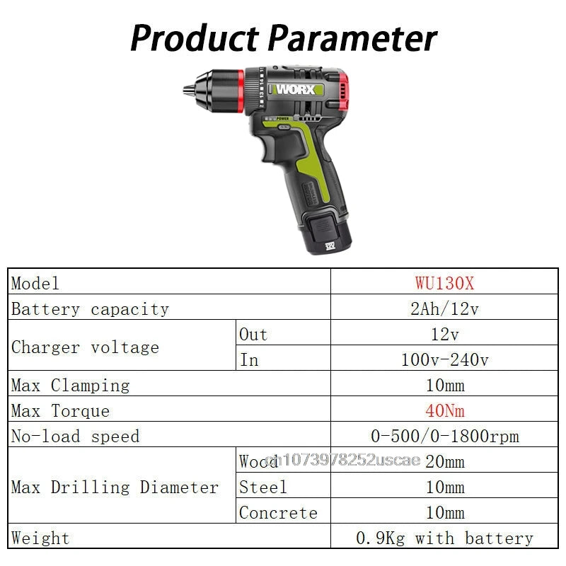 Taladro eléctrico inalámbrico WORX WU130X 12V 40Nm Motor sin escobillas con bolsa o caja de herramientas Paquete de batería universal naranja y verde