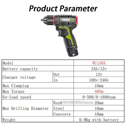 Taladro eléctrico inalámbrico WORX WU130X 12V 40Nm Motor sin escobillas con bolsa o caja de herramientas Paquete de batería universal naranja y verde