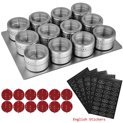 Tarros magnéticos para especias con soporte de pared, latas de acero inoxidable para especias, recipientes para condimentos con etiqueta para especias y base para almacenamiento de alimentos.