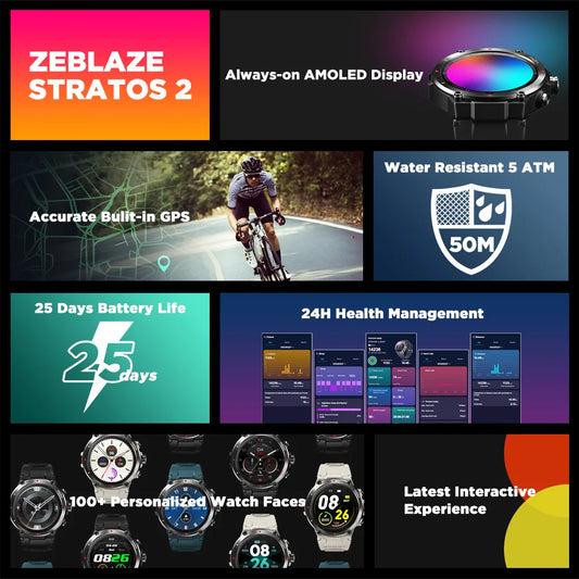 Reloj inteligente Zeblaze Stratos 2 con GPS, pantalla AMOLED de 1,3", monitor de salud las 24 horas, batería de larga duración, reloj inteligente deportivo para hombres