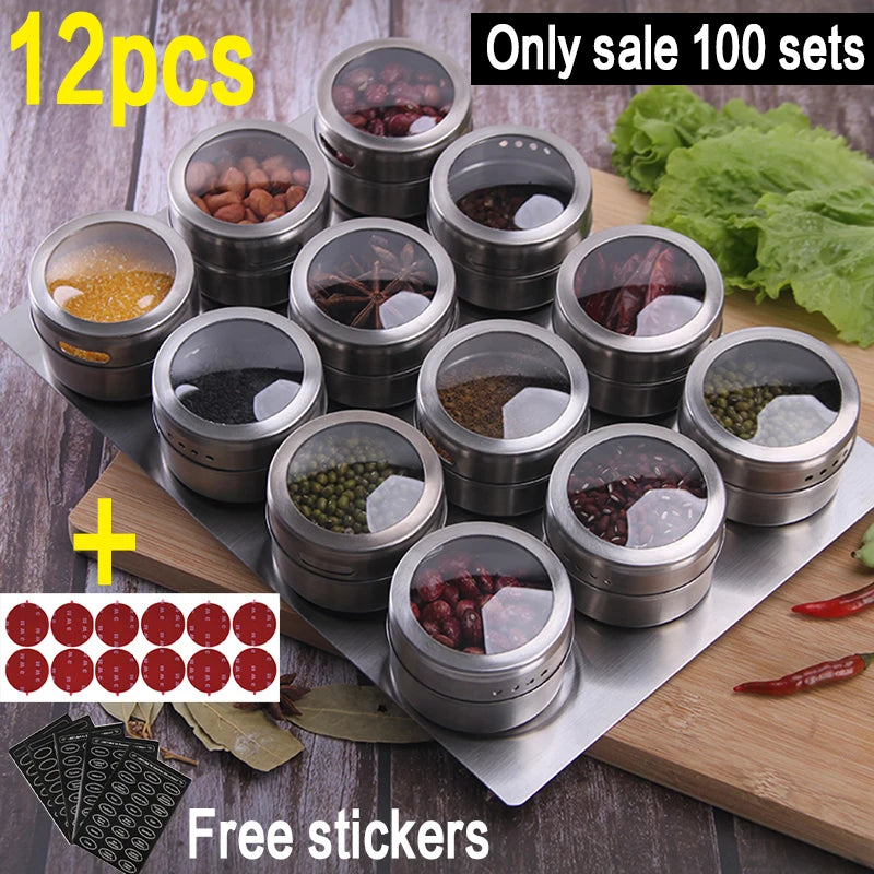 Tarros magnéticos para especias con soporte de pared, latas de acero inoxidable para especias, recipientes para condimentos con etiqueta para especias y base para almacenamiento de alimentos.