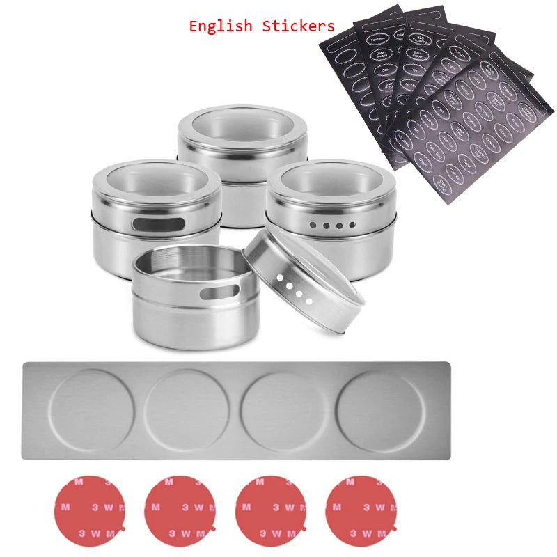 Tarros magnéticos para especias con soporte de pared, latas de acero inoxidable para especias, recipientes para condimentos con etiqueta para especias y base para almacenamiento de alimentos.