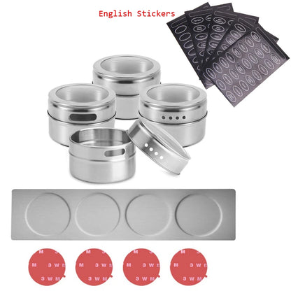 Tarros magnéticos para especias con soporte de pared, latas de acero inoxidable para especias, recipientes para condimentos con etiqueta para especias y base para almacenamiento de alimentos.
