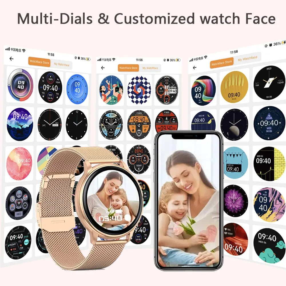 Reloj inteligente con llamadas Bluetooth para mujer, reloj de acero con esfera personalizada, reloj inteligente deportivo con control del ritmo cardíaco y rastreador de actividad física para Android e IOS G35