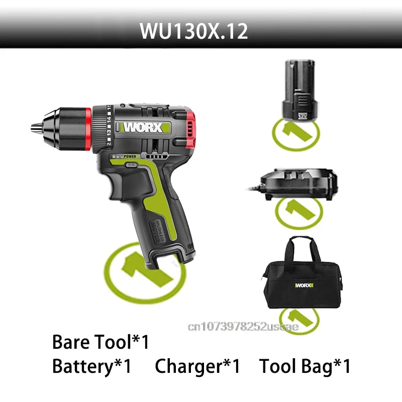 Taladro eléctrico inalámbrico WORX WU130X 12V 40Nm Motor sin escobillas con bolsa o caja de herramientas Paquete de batería universal naranja y verde