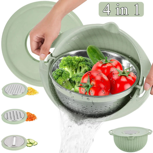 Juego de colador de cocina 360 ° Coladores giratorios para alimentos, cuenco, cesta para lavar frutas y verduras con ralladores, colador de Pasta de acero inoxidable