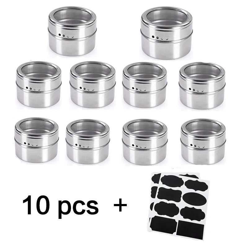 Tarros magnéticos para especias con soporte de pared, latas de acero inoxidable para especias, recipientes para condimentos con etiqueta para especias y base para almacenamiento de alimentos.