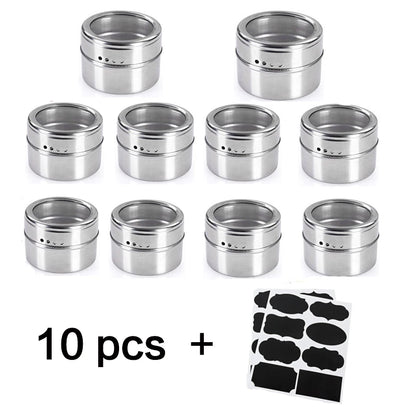 Tarros magnéticos para especias con soporte de pared, latas de acero inoxidable para especias, recipientes para condimentos con etiqueta para especias y base para almacenamiento de alimentos.