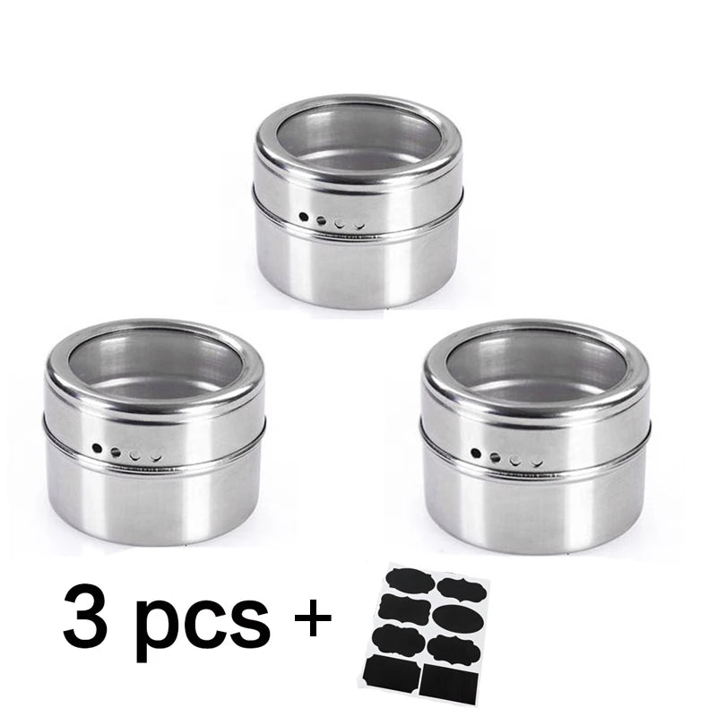 Tarros magnéticos para especias con soporte de pared, latas de acero inoxidable para especias, recipientes para condimentos con etiqueta para especias y base para almacenamiento de alimentos.