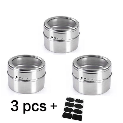 Tarros magnéticos para especias con soporte de pared, latas de acero inoxidable para especias, recipientes para condimentos con etiqueta para especias y base para almacenamiento de alimentos.